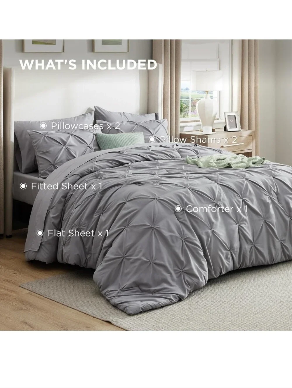 Bedsure Queen Comforter Set Grey Bed in a Bag Queen 7 Pieces, Gentlesoft Pintuck